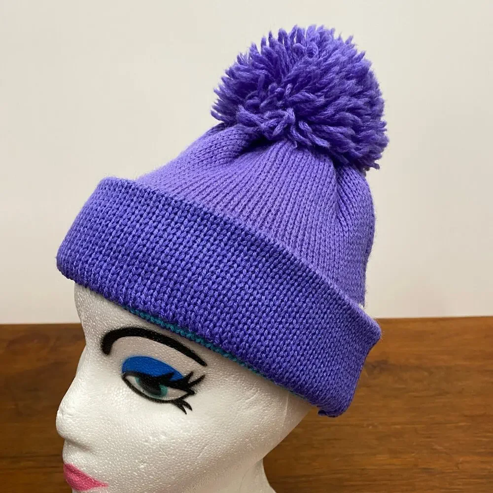Vintage Meister 100% Wool Knit Pom Beanie Purple Blue‎ Striped Ski Hat Hong Kong